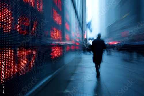 Blurred figure walking past large LED ticker in financial district. Hustle, Stock market display, urban motion blur, trading floor screens, fast-paced economy. Life in a rush, high speed.