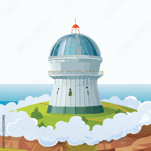 Illustrated observatory building on a green hill with clear skies