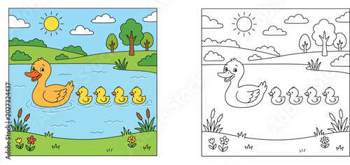 Konstfotografi Cute Mother Duck and Ducklings Swimming in a Pond Under Sunny Sky, Coloring Book