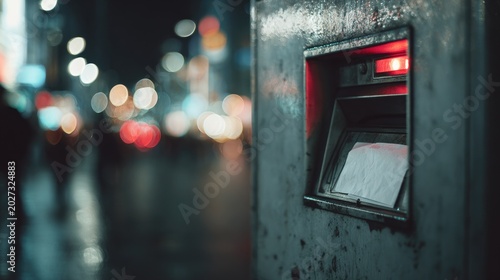 Grimy urban cash machine slot with blurred city lights at night