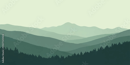 Bild auf Leinwand Serene mountain range at dawn, with layers of mist creating a hazy, dreamlike landscape in muted green tones, evoking a sense of peace and vastness