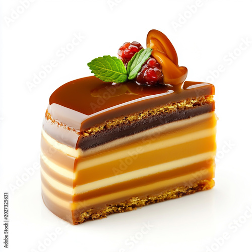 A single gourmet slice of layered caramel chocolate cake topped with fresh raspberries and a mint leaf isolated on white background, chocolate