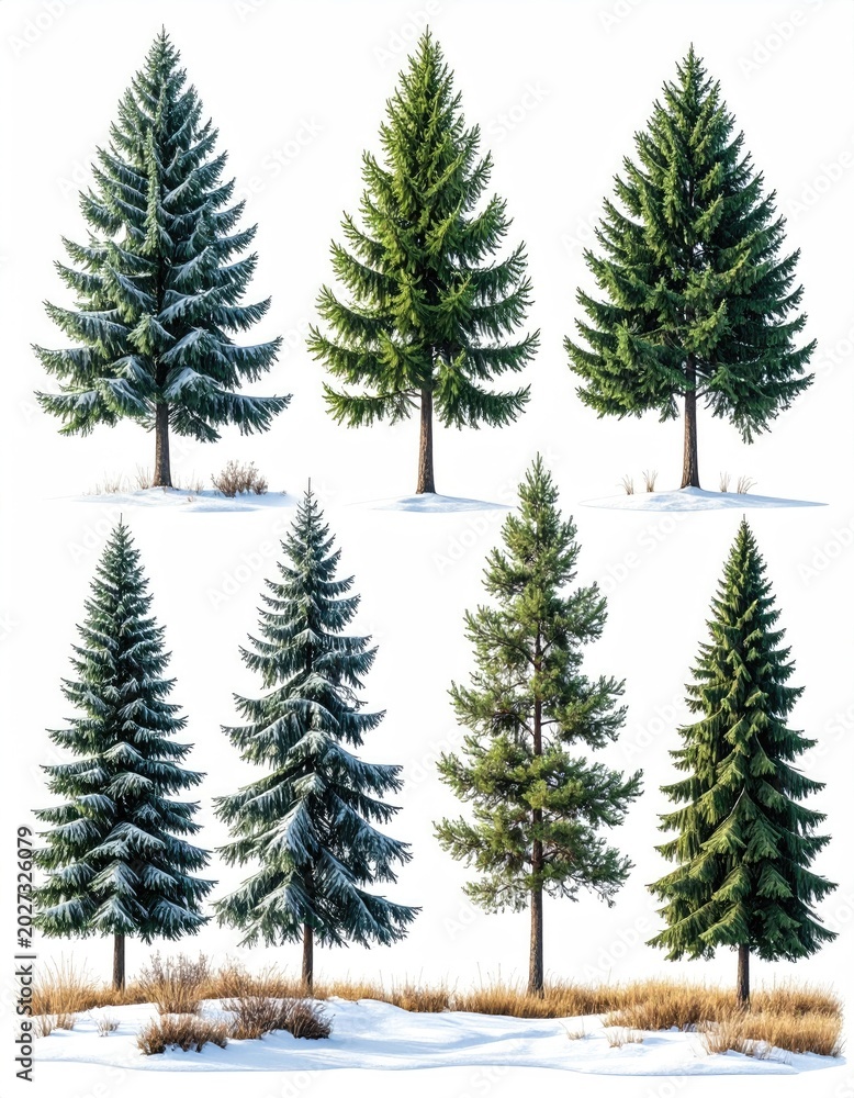 Obraz premium Diverse evergreen trees on snowy ground with sparse winter vegetation