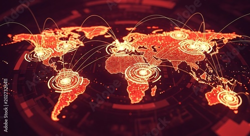 Global digital network connecting cities with glowing red lights