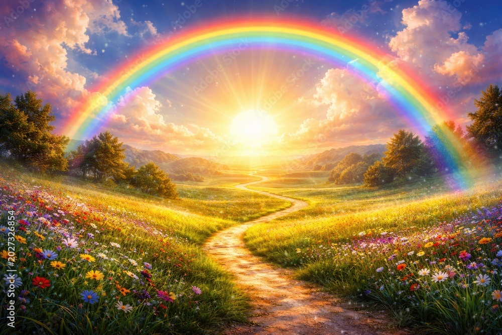 Fototapeta premium Vivid surreal landscape illustration with a sun shining over rainbow and grassy road