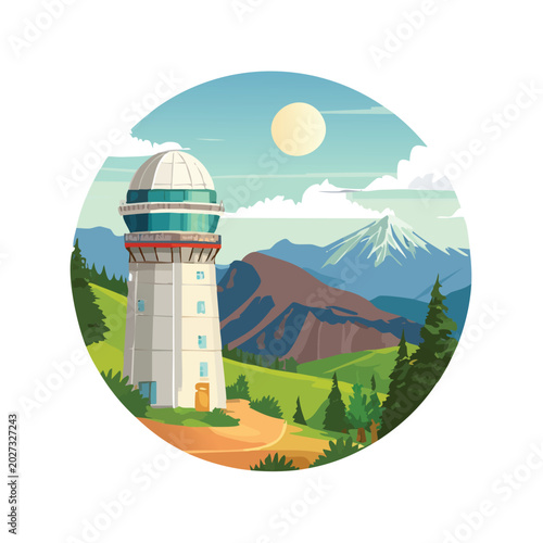 Illustrated observatory tower stands on a hillside with mountain backdrop
