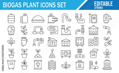 Photos Editable Stroke Bioenergy Icons Set with Organic Waste and Gas Technology