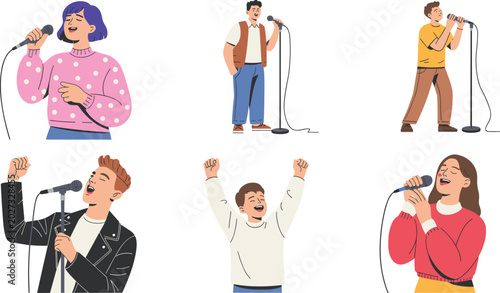 Cuadro en lienzo Vector Character Set of Singers and Performers with Microphones Singing Passiona