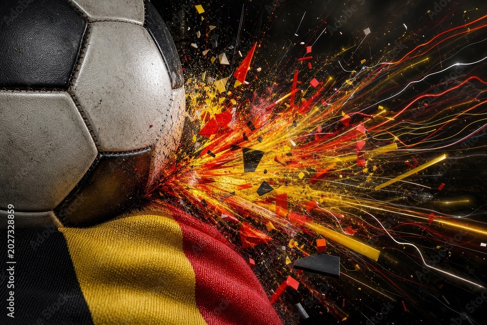Fototapeta premium Belgium national football team wallpaper, banner, poster, background. Belgium flag and soccer ball with abstract light explosion representing energy and passion.