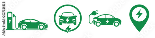 Set of green electric vehicle charging station icons for sustainable transport.
