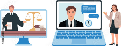 Принти на полотні Online Legal Service and Virtual Court Consultation Vector Illustration Set with