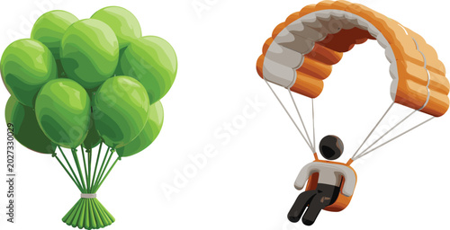 Green Balloon and Paragliding Collection Vector Illustration with Flying Adventure Sports, Air Travel Elements, and Outdoor Recreation Design Graphics