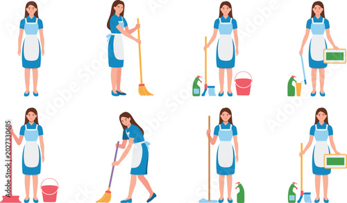 Fotografie Vector Character Set of Professional Maid and Housekeeper Wearing Uniform Holdin
