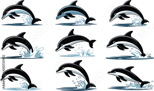 Konstfotografi Jumping Dolphin Vector Character Set Featuring Various Swimming and Diving Poses