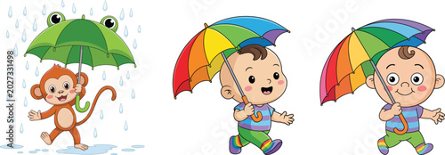 Cute cartoon monkey and happy babies holding colorful umbrellas in rainy weather illustration for children’s design