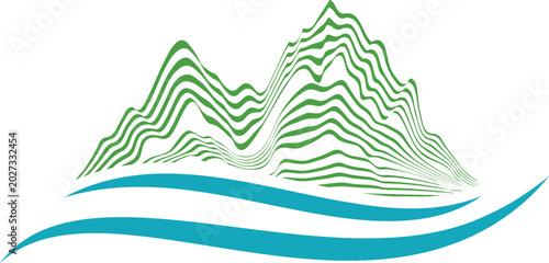 Abstract layered mountains with waves next to them