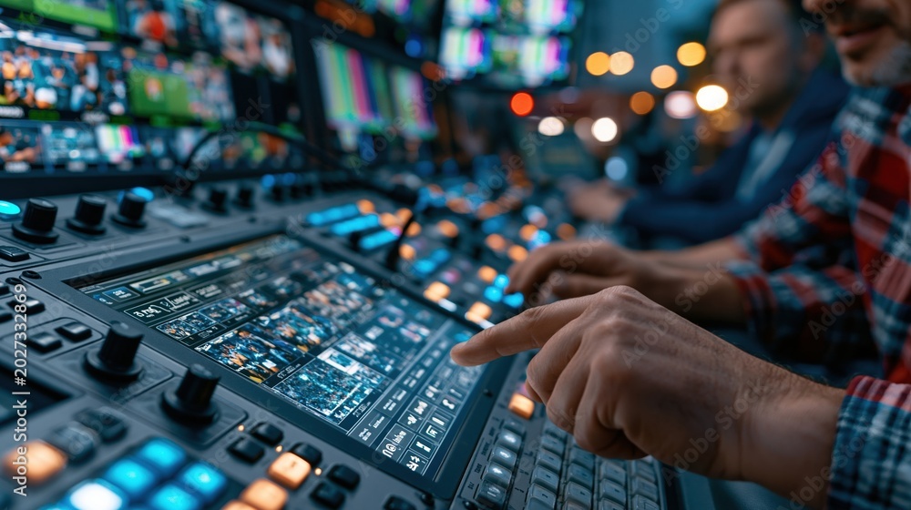 Fototapeta premium Natural dusk lighting highlights a broadcast engineer and assistant coordinating gameangle shots on a touchscreen console inside a compact production van with outoffocus monitors