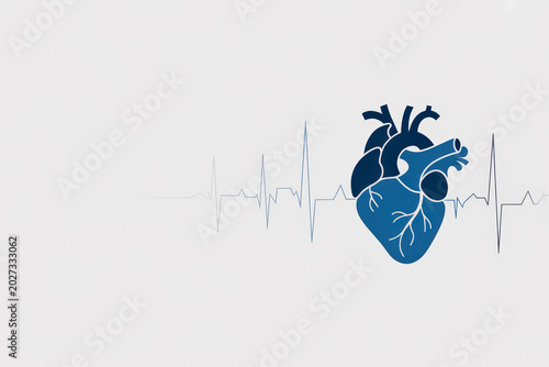 Medical illustration of a vibrant blue human heart organ accompanied by a vital electrocardiogram heartbeat rhythm line
