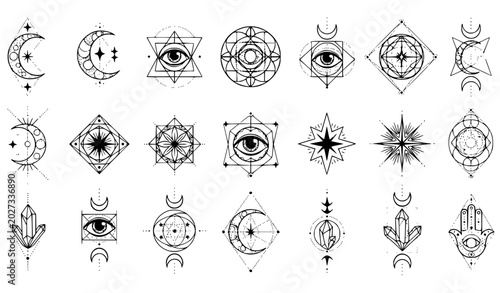 Foto Mystical moon tattoo hand drawn vector set with sacred geometry occult illustrat