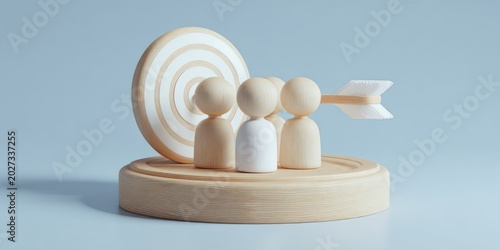 Wooden figures stand on a platform before a target with an arrow about to strike