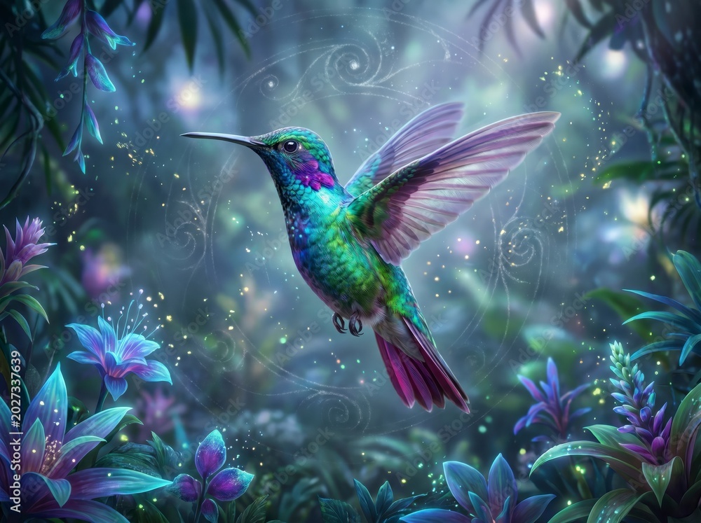 Obraz premium A vibrant hummingbird with iridescent feathers hovers gracefully among glowing purple flowers in a magical, enchanted forest.