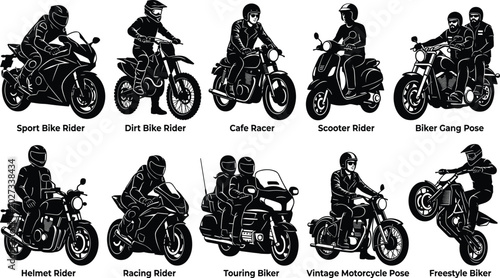 Fotografi Black silhouette icons of motorcycle riders, sport bike, dirt bike, scooter, tou