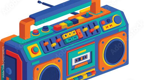 Colorful 3d boombox speaker icon with retro cassette tape vibrant buttons and detailed control panel on a bright background emphasizing music entertainment and modern digital audio