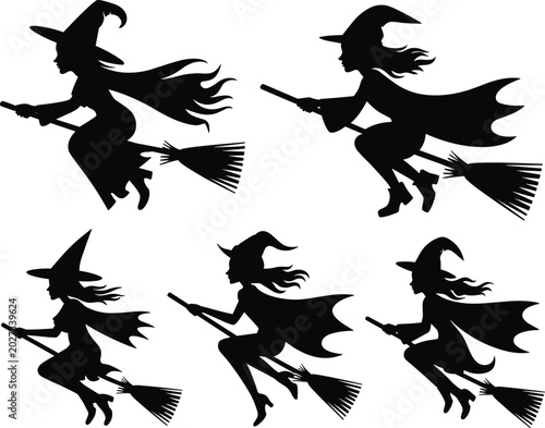 Photos Witches flying on broomsticks silhouette illustration set, spooky Halloween them