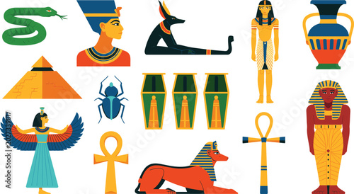 Ancient Egyptian Culture and Mythology Vector Element Set Featuring Nefertiti Sphinx Pyramid Anubis Isis Pharaonic Statues Canopic Jars and Symbols