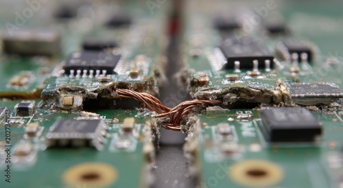 Close-up of a damaged circuit board with exposed copper wires