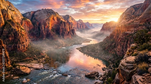 Canyon river during golden hour with misty valley view between towering red sandstone cliffs featuring fantasy landscape, sunset glow, rugged gorge