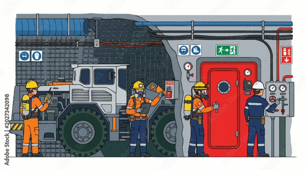Αυτοκόλλητο Mining workers in protective gear near a large truck and industrial building