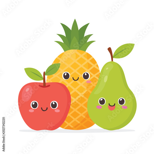 Cartoon fruits apple pineapple and pear with cheerful smiling faces