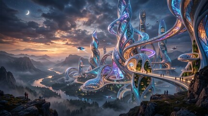 Fantasy, futuristic cityscape, neon lights, surreal landscape, dreamlike scenery, blue purple hues