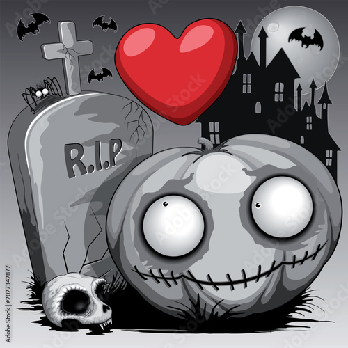 Halloween Spooky and funny Love Story between Jack o' Lantern and a Tombstone, with bats and castle on background vector EPS
