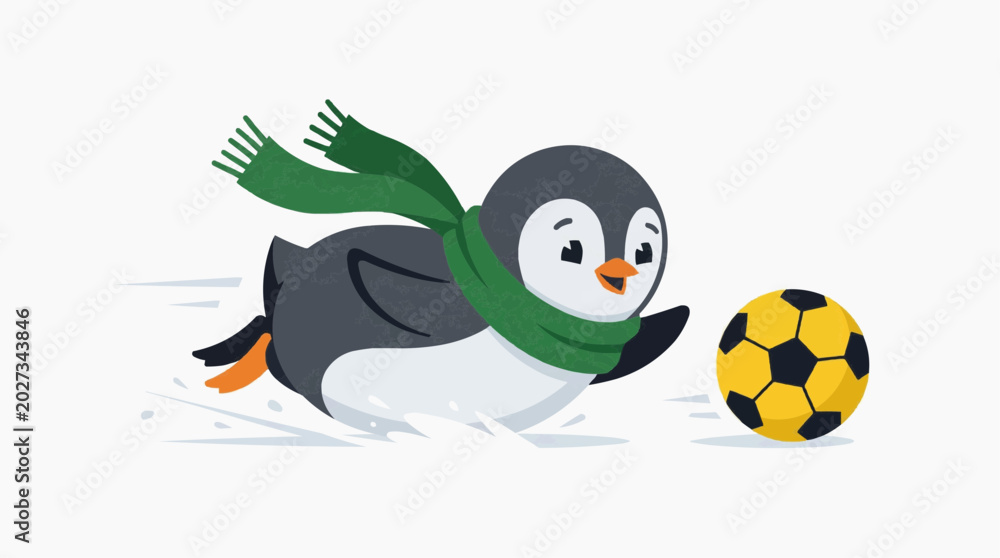 Fototapeta premium Cute cartoon penguin wearing a yellow scarf playing with a soccer ball on ice Pet in the 2026 soccer world championship