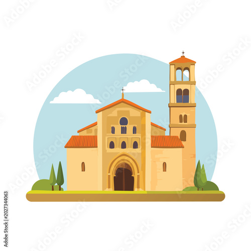 Cartoon illustration of a church building with tower and trees isolated