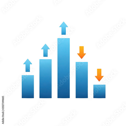 Financial bar chart with growth and decline arrows, blue business data graph showing market volatility, professional stock performance analytics illustration isolated on Transparent Background