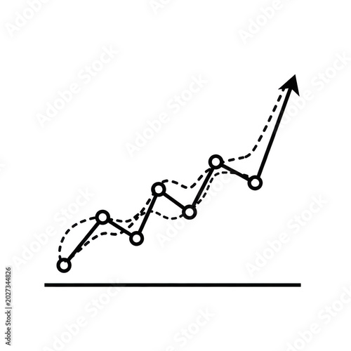 Minimalist financial growth chart with upward arrow, black line graph showing business success, rising economic data trend for corporate presentations isolated on Transparent Background