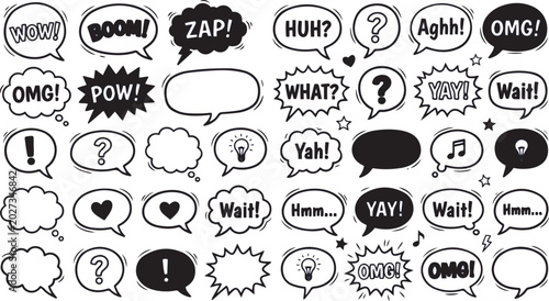 Speech bubbles rendered in black and white offer a diverse set of monochromatic dialogue containers for graphic design layouts.