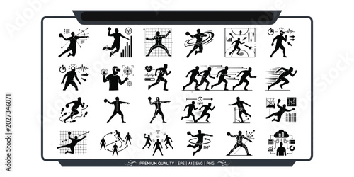 Φωτογραφία Handball training and team sports vector icons set featuring player silhouettes throwing actions tactical match gameplay and athletic biometrics telemetry data illustrations