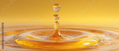 Golden liquid droplets falling into ripples on a warm yellow background