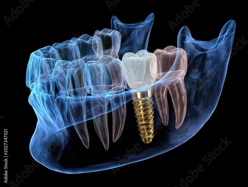 Transparent x-ray view of a dental implant in a human jawbone