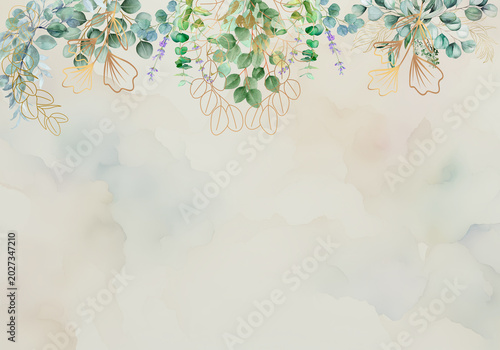 Tableau sur toile Fondo botánico de eucalipto en acuarela con ramas de líneas doradas y flores silvestres sobre fondo de papel texturizado