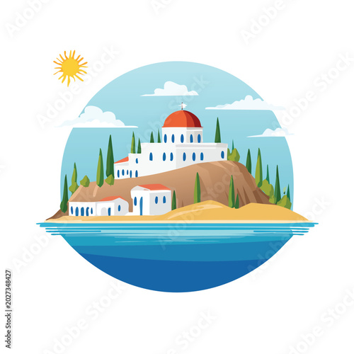 Cartoon illustration of a coastal village with a church and sea view