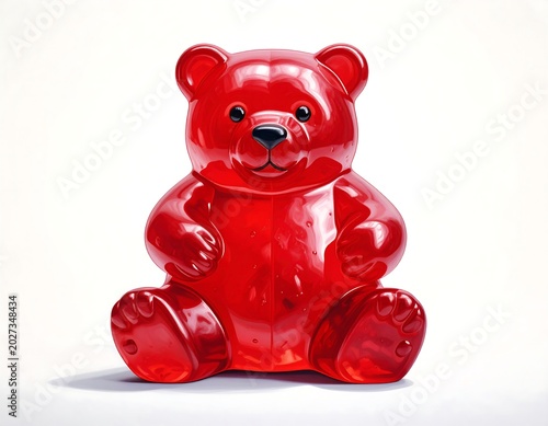 A glossy red bear-shaped gummy candy sits on a white background