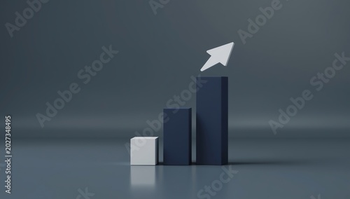 Modern 3D rendering of abstract geometric shapes symbolizing business growth in navy blue and white on a clean minimalist gray background