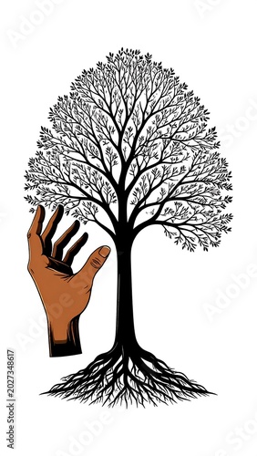 A hand gently reaches towards a bare, stylized tree