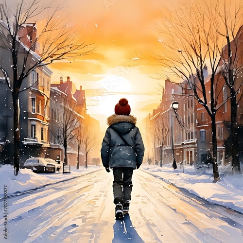 A lone figure walks down a snow-covered street at sunset