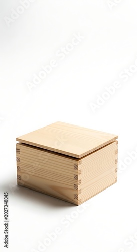 A light-colored wooden box with interlocking joinery